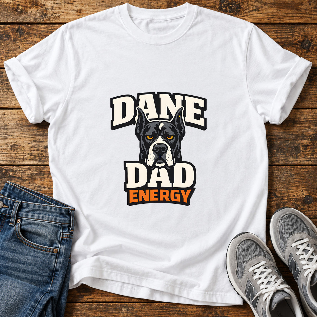 Dane Dad Energy Great Dane graphic T-shirt in White, shown on a flat-lay shirt mockup