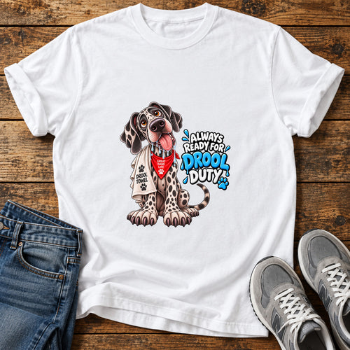 Drool Duty Great Dane graphic T-shirt in White, shown on a flat-lay shirt mockup
