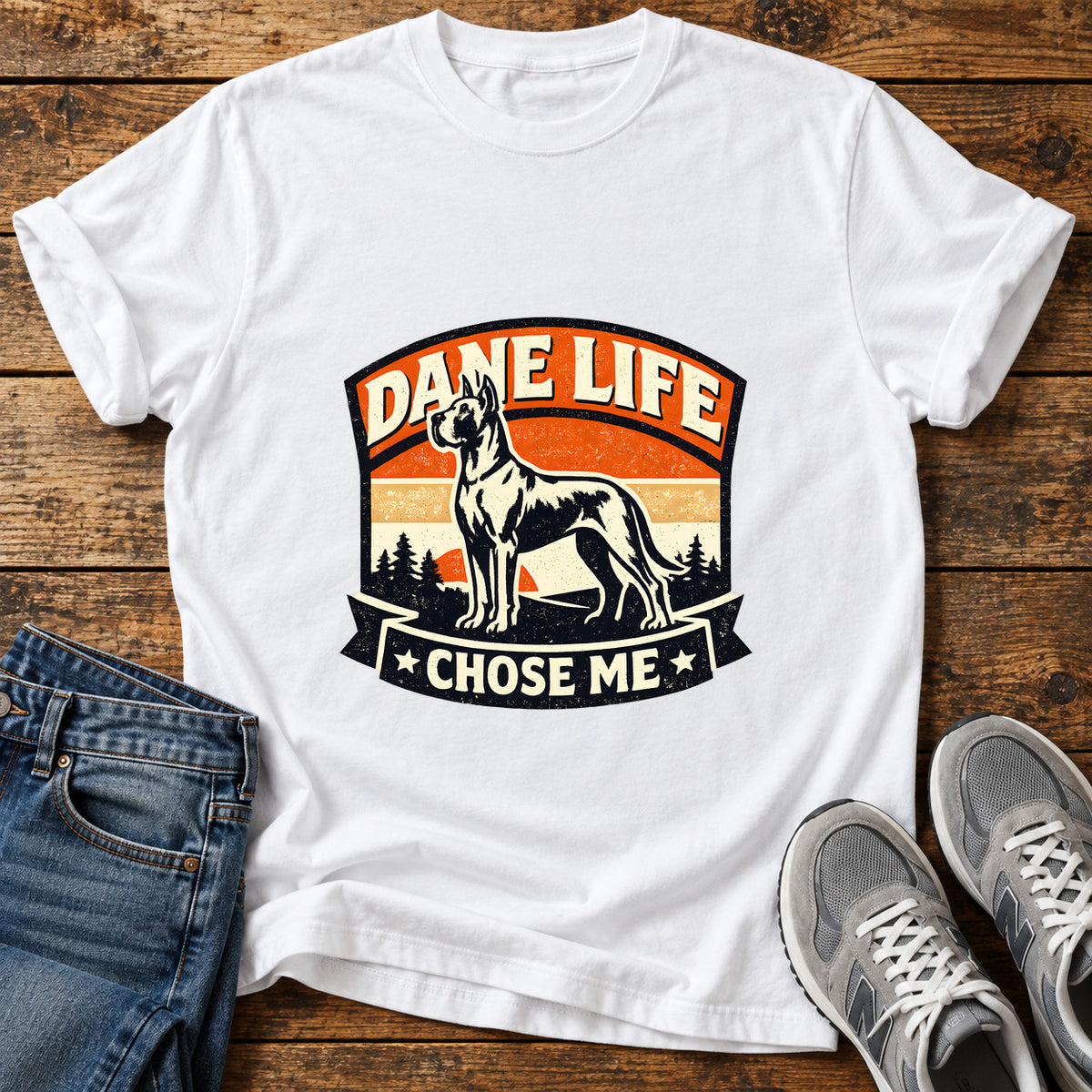 Dane Life Great Dane graphic T-shirt in White, shown on a flat-lay shirt mockup