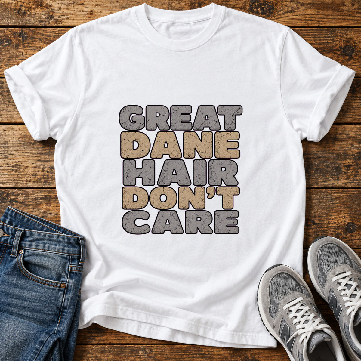 Great Dane Attitude graphic T-shirt in White, shown on a flat-lay shirt mockup