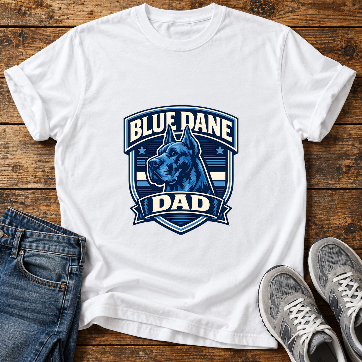 Blue Dane Dad Great Dane graphic T-shirt in White, shown on a flat-lay shirt mockup