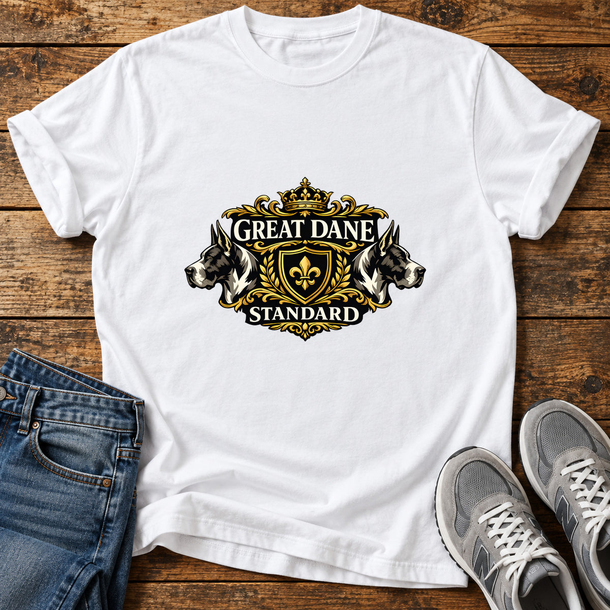 Great Dane Standard graphic T-shirt in White, shown on a flat-lay shirt mockup
