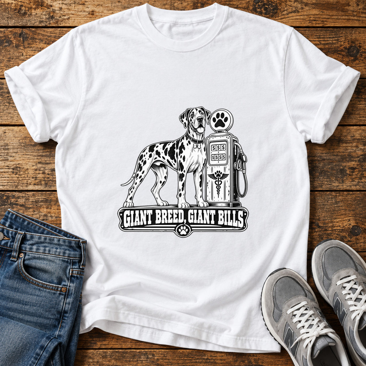 Giant Breed Bills Great Dane graphic T-shirt in White, shown on a flat-lay shirt mockup