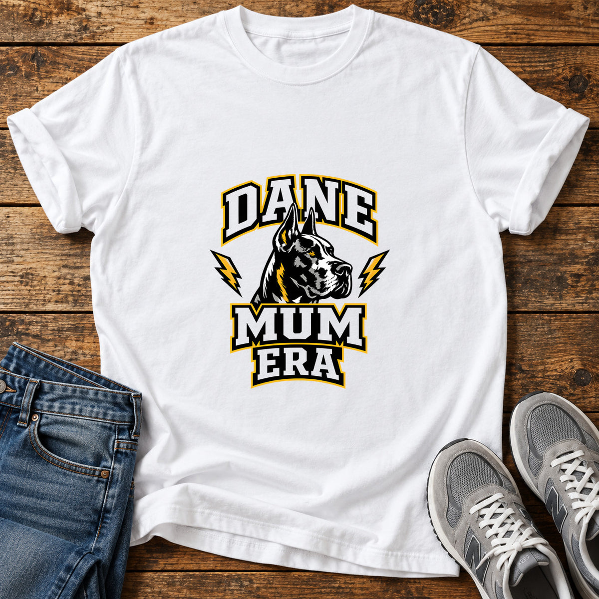 Dane Mum Era Great Dane graphic T-shirt in White, shown on a flat-lay shirt mockup