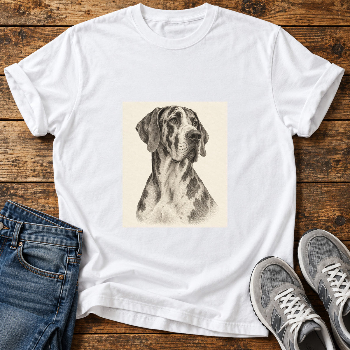 Great Dane Majesty graphic T-shirt in White, shown on a flat-lay shirt mockup