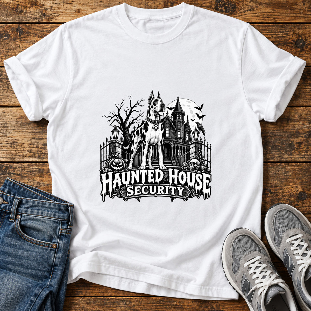 Haunted House Security Great Dane graphic T-shirt in White, shown on a flat-lay shirt mockup