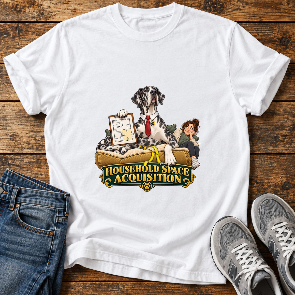 Household Space Great Dane graphic T-shirt in White, shown on a flat-lay shirt mockup