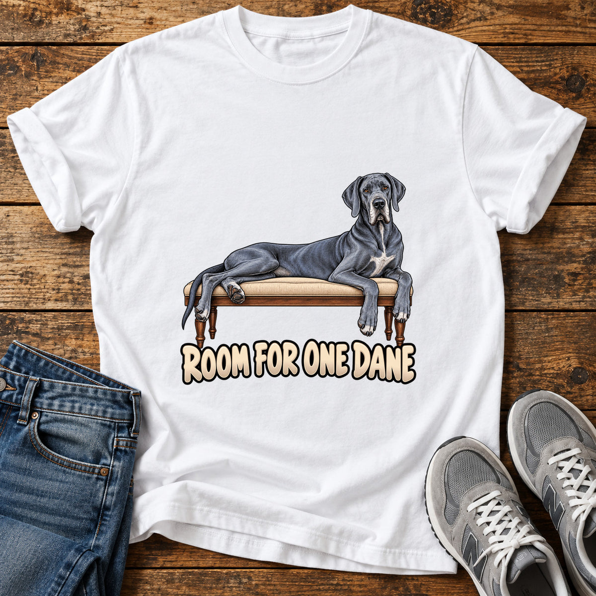 Room For Dane Great Dane graphic T-shirt in White, shown on a flat-lay shirt mockup