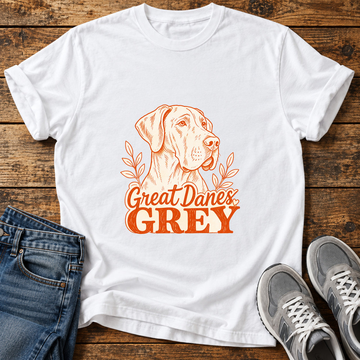 Great Danes Grey graphic T-shirt in White, shown on a flat-lay shirt mockup