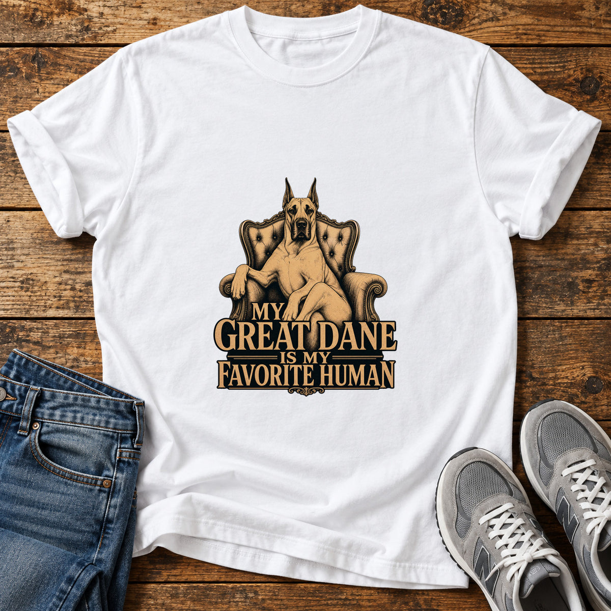 Great Dane Favorite graphic T-shirt in White, shown on a flat-lay shirt mockup