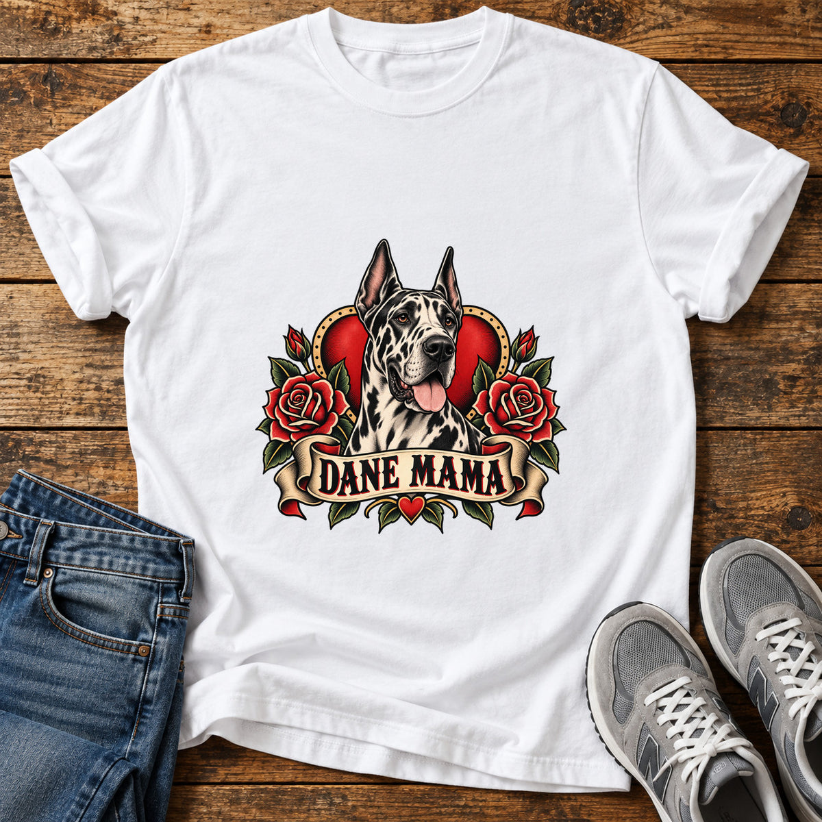 Dane Mama Great Dane graphic T-shirt in White, shown on a flat-lay shirt mockup