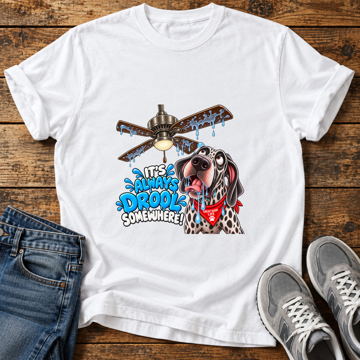 Always Drool Great Dane graphic T-shirt in White, shown on a flat-lay shirt mockup
