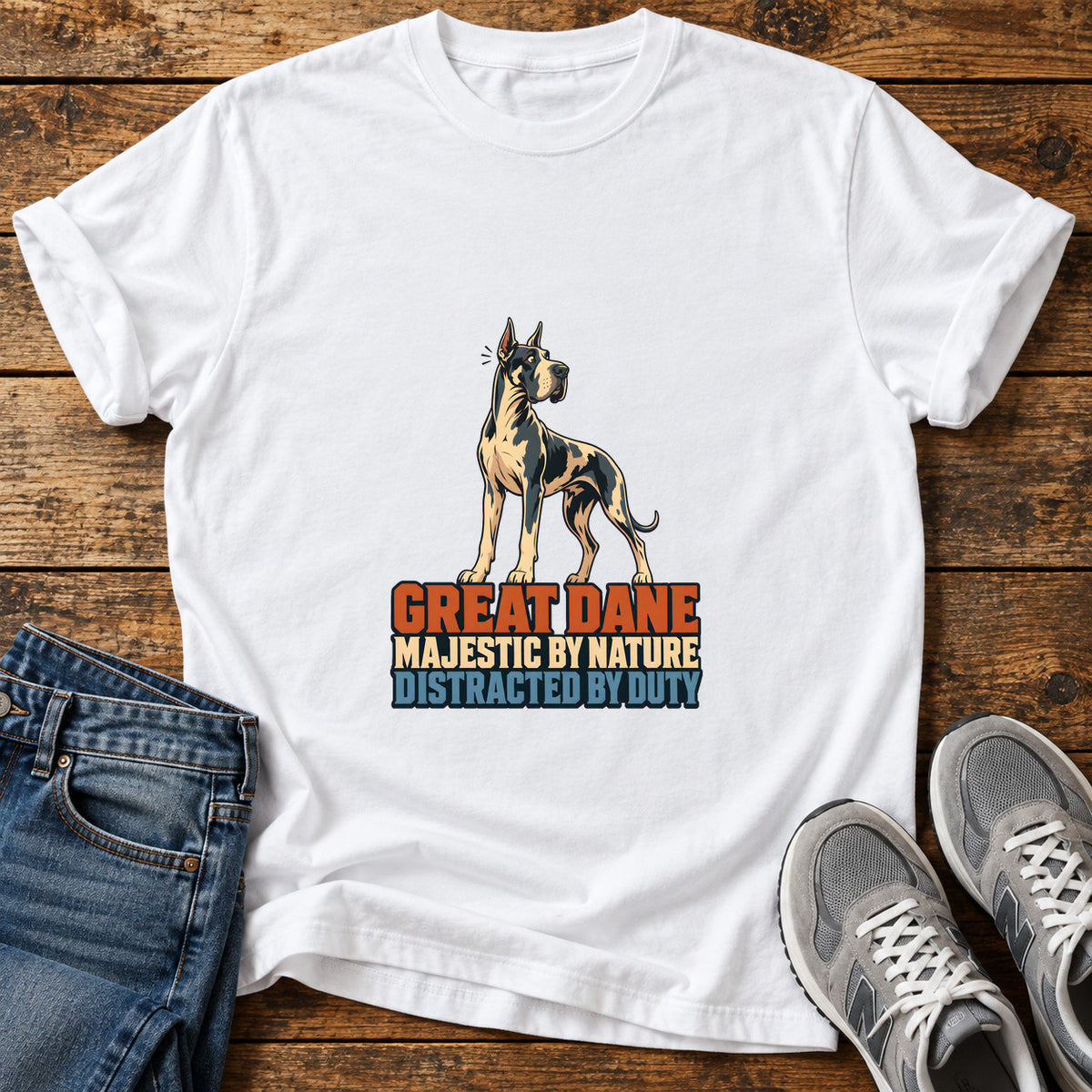 Great Dane Duty graphic T-shirt in White, shown on a flat-lay shirt mockup