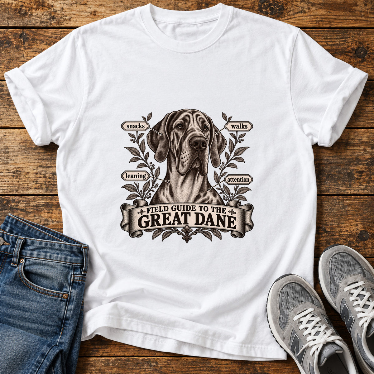 Great Dane Guide graphic T-shirt in White, shown on a flat-lay shirt mockup