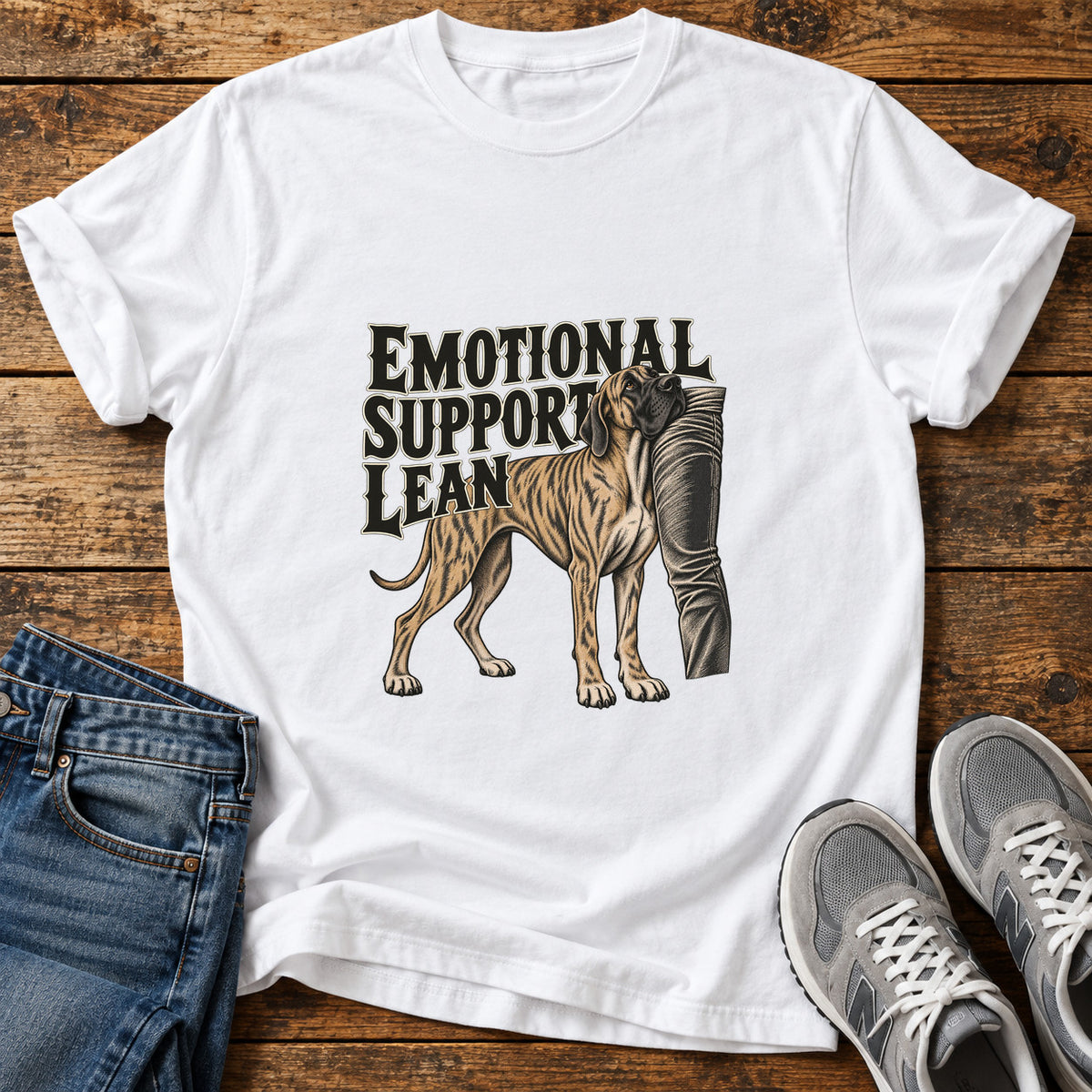 Emotional Support Lean Great Dane graphic T-shirt in White, shown on a flat-lay shirt mockup
