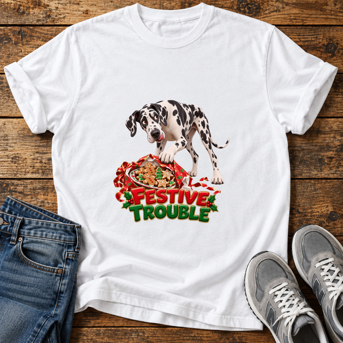Festive Trouble Great Dane graphic T-shirt in White, shown on a flat-lay shirt mockup
