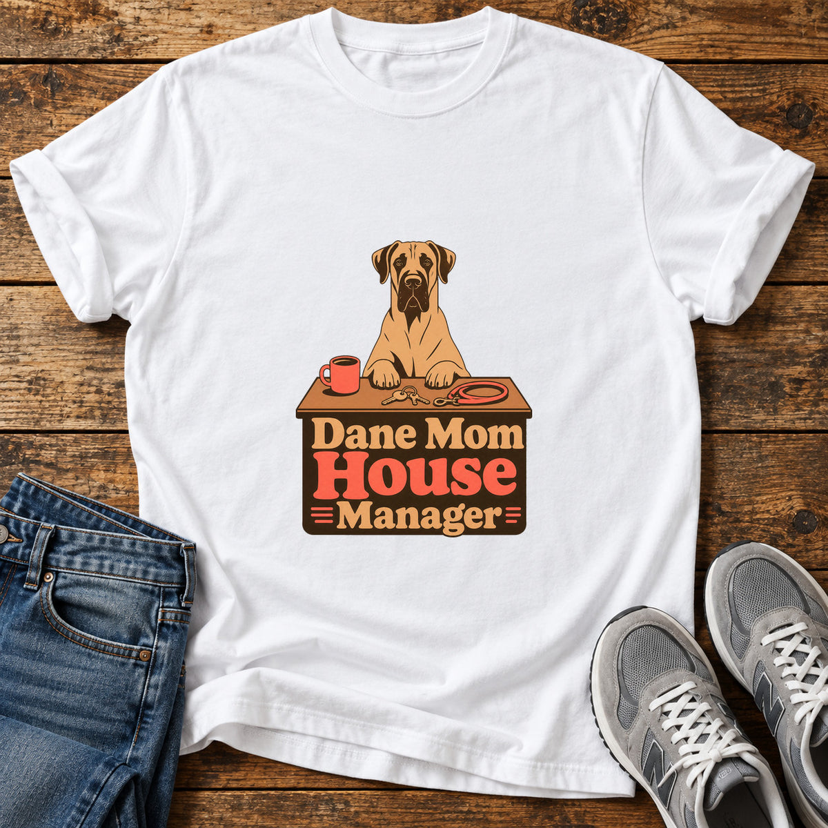 Dane Mom Manager Great Dane graphic T-shirt in White, shown on a flat-lay shirt mockup