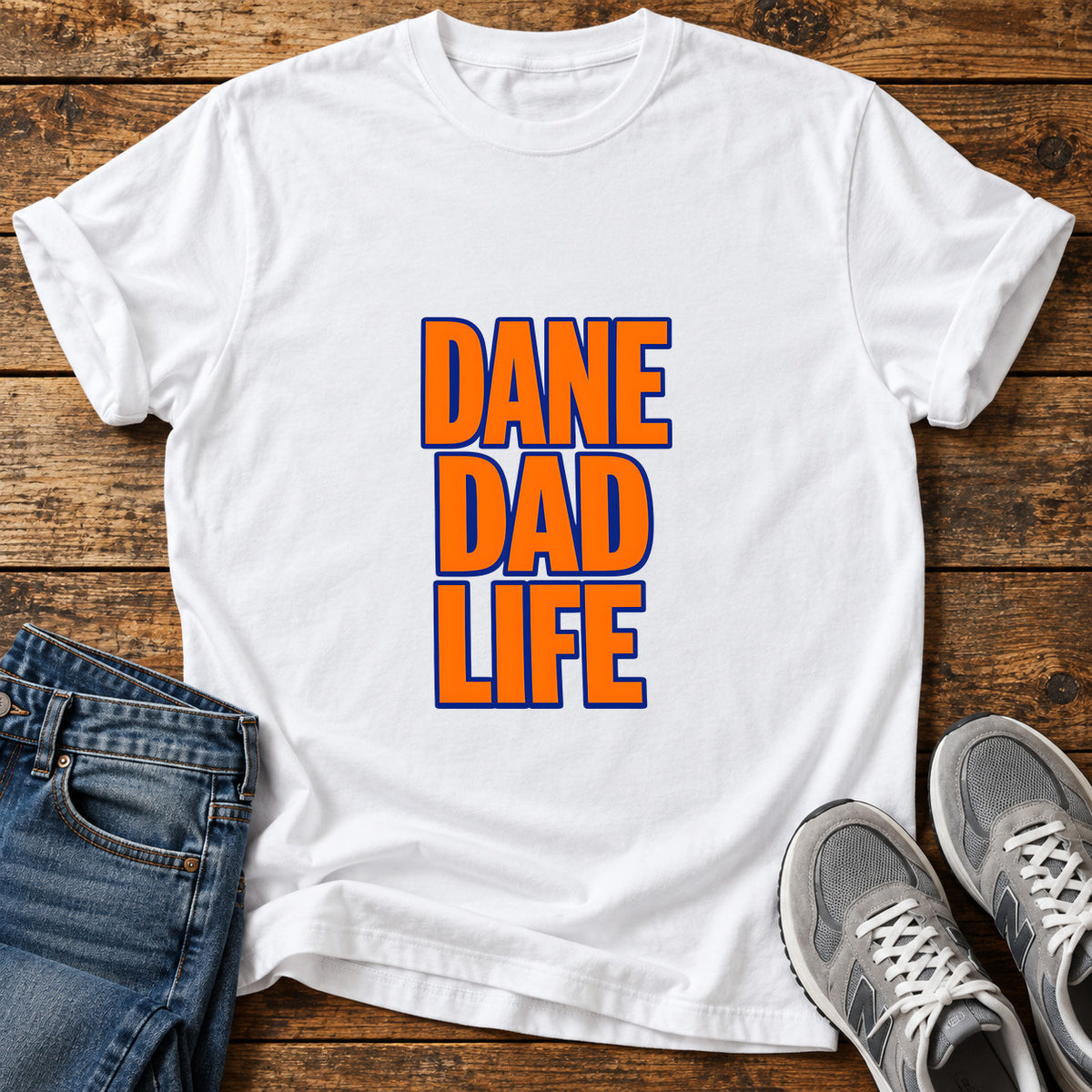 Dane Dad Life Great Dane graphic T-shirt in White, shown on a flat-lay shirt mockup
