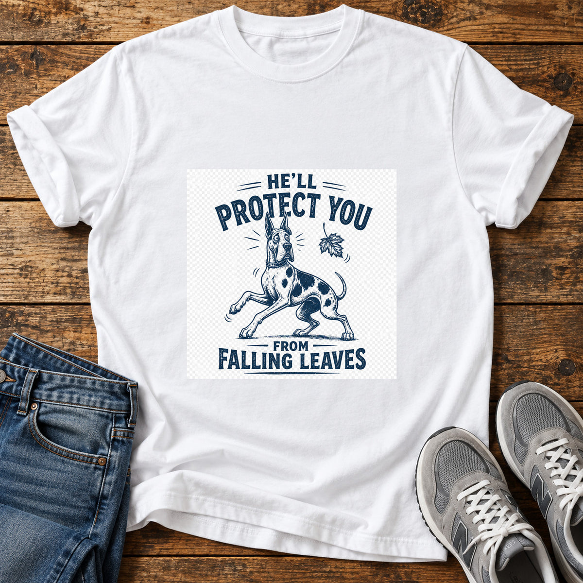 Protective Pooch Great Dane graphic T-shirt in White, shown on a flat-lay shirt mockup