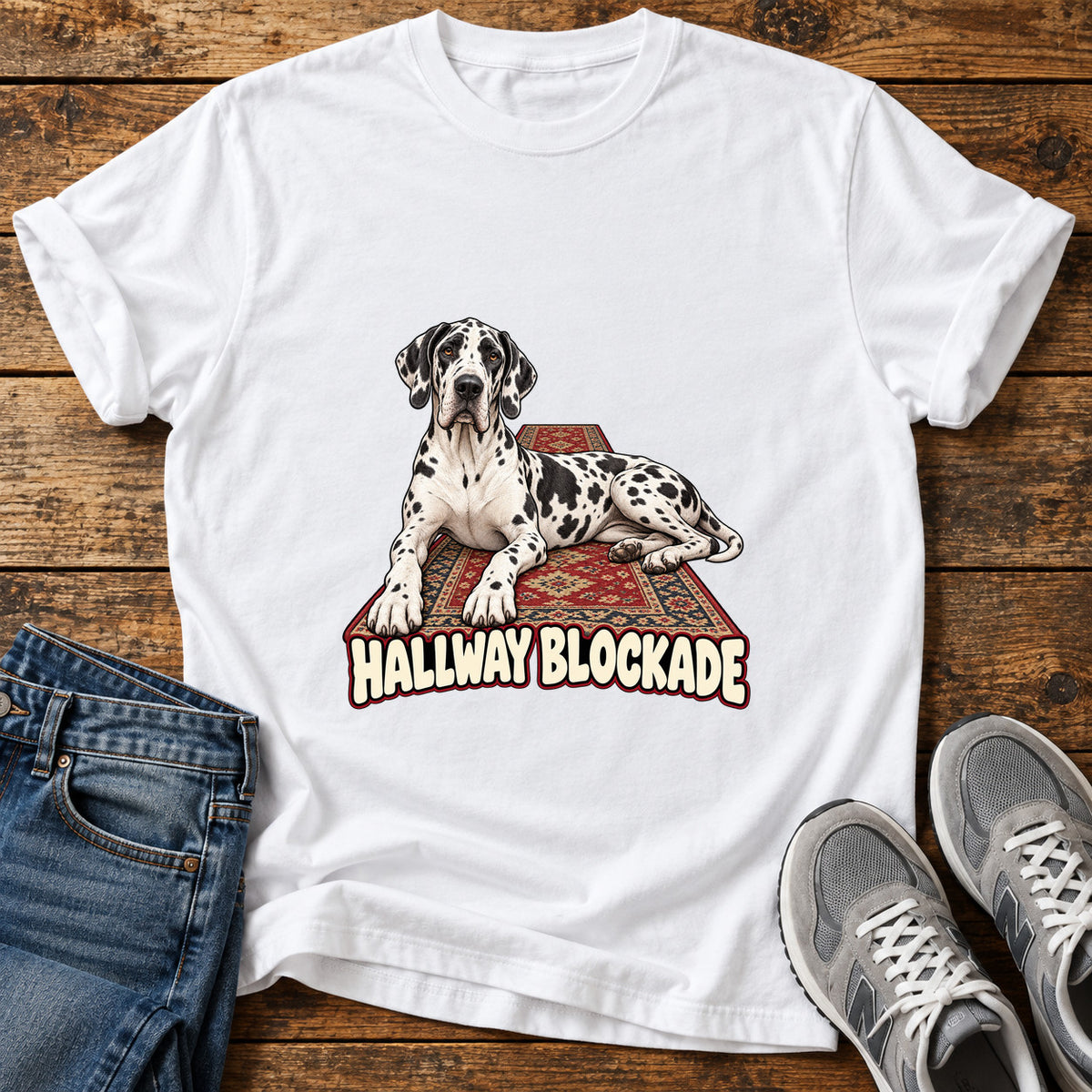 Hallway Blockade Great Dane graphic T-shirt in White, shown on a flat-lay shirt mockup