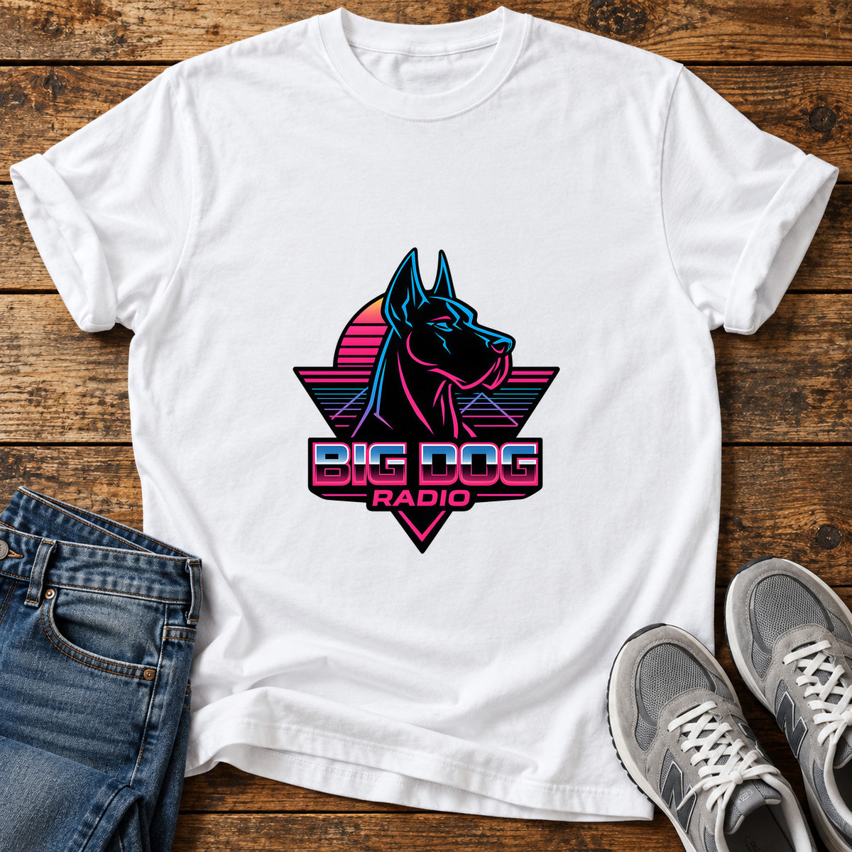 Big Dog Radio Great Dane graphic T-shirt in White, shown on a flat-lay shirt mockup