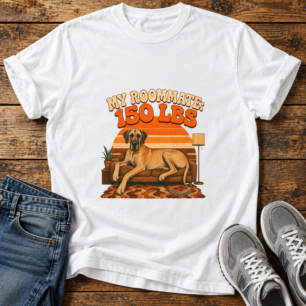 Roommate 150lbs Great Dane graphic T-shirt in White, shown on a flat-lay shirt mockup