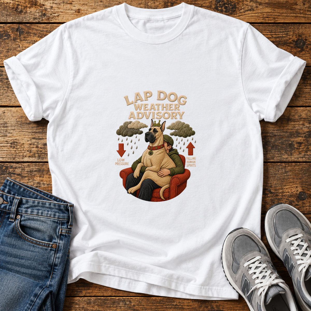 Lap Dog Weather Great Dane graphic T-shirt in White, shown on a flat-lay shirt mockup
