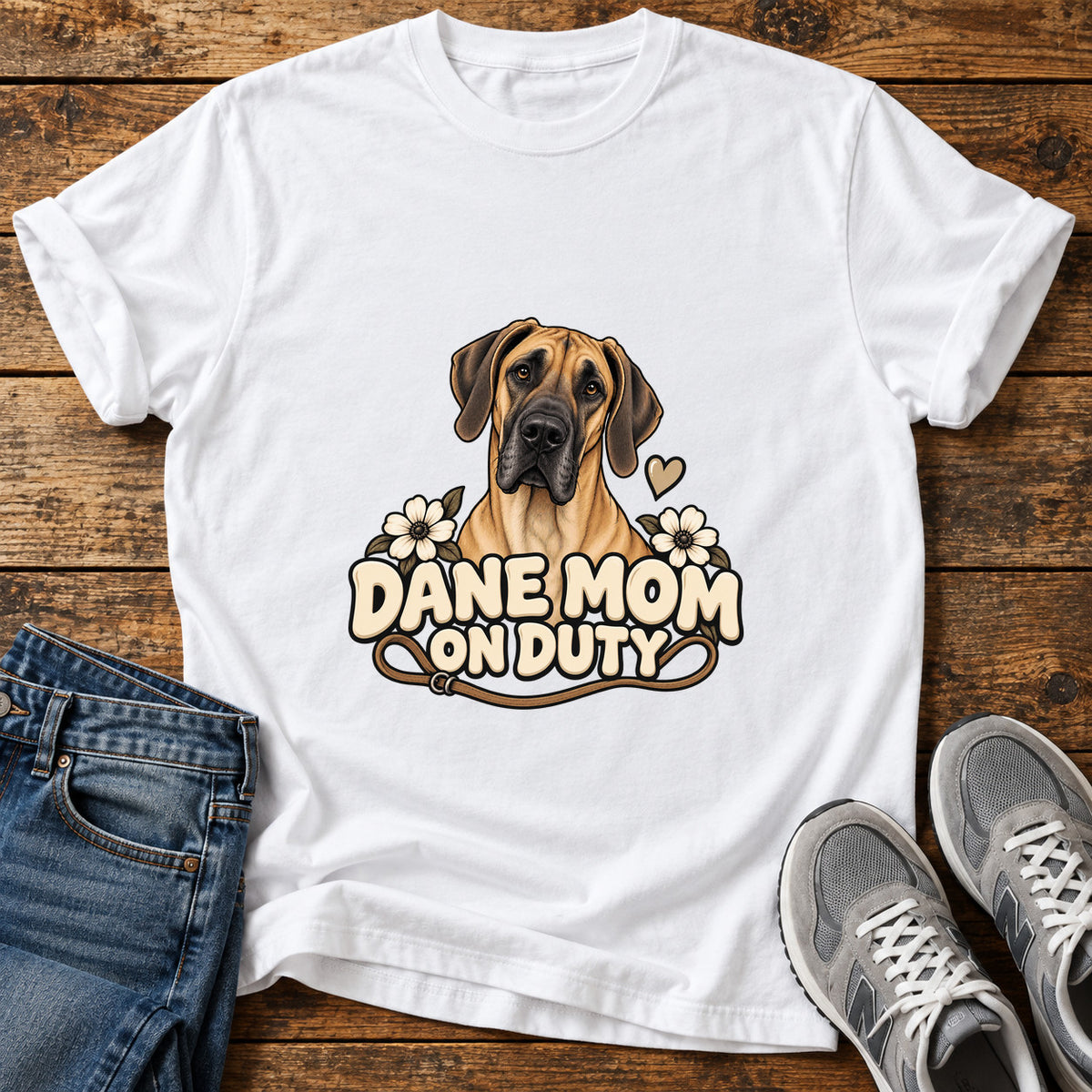Dane Mom Duty Great Dane graphic T-shirt in White, shown on a flat-lay shirt mockup