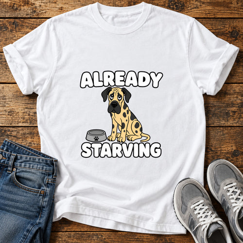 Already Starving Great Dane graphic T-shirt in White, shown on a flat-lay shirt mockup