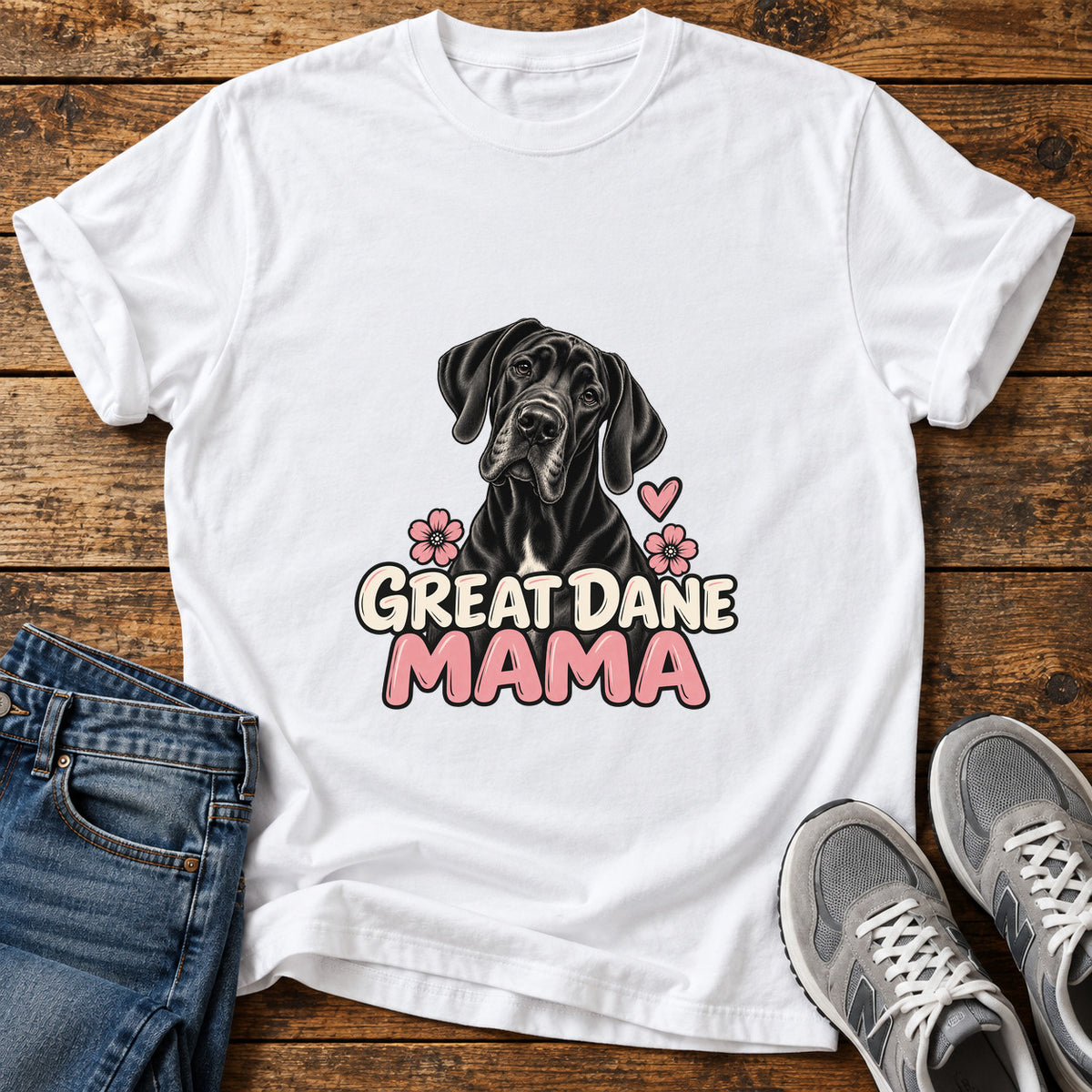 Great Dane Mama graphic T-shirt in White, shown on a flat-lay shirt mockup
