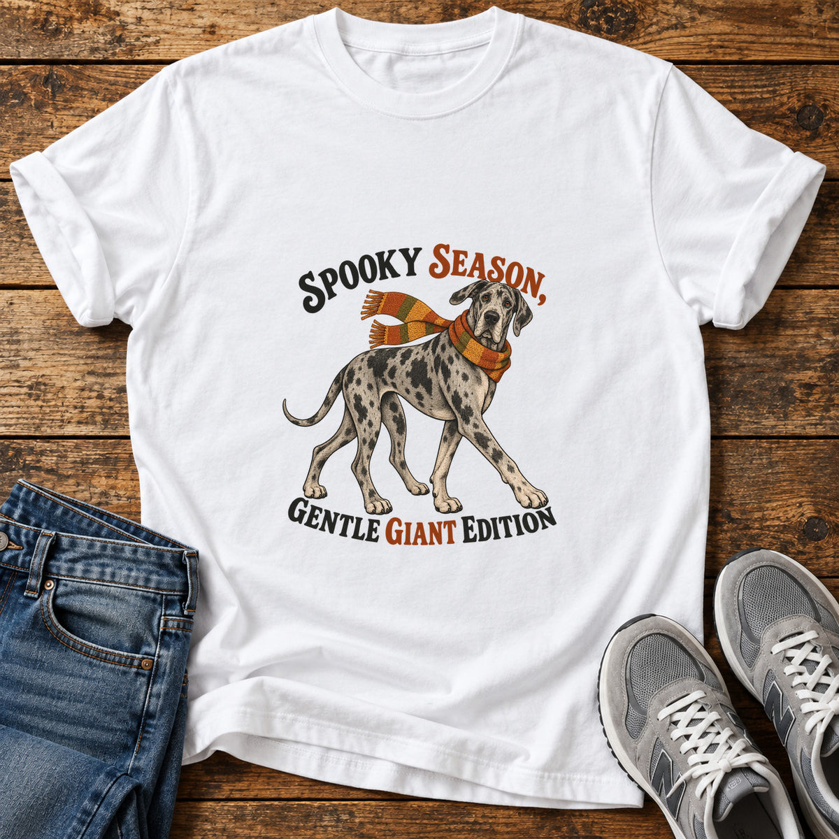 Spooky Giant Edition Great Dane graphic T-shirt in White, shown on a flat-lay shirt mockup