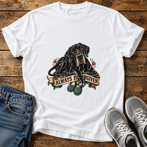 Always Forgiven Great Dane graphic T-shirt in White, shown on a flat-lay shirt mockup