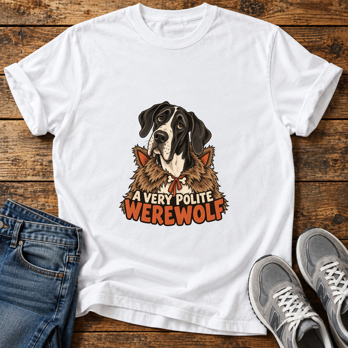 Polite Werewolf Great Dane graphic T-shirt in White, shown on a flat-lay shirt mockup