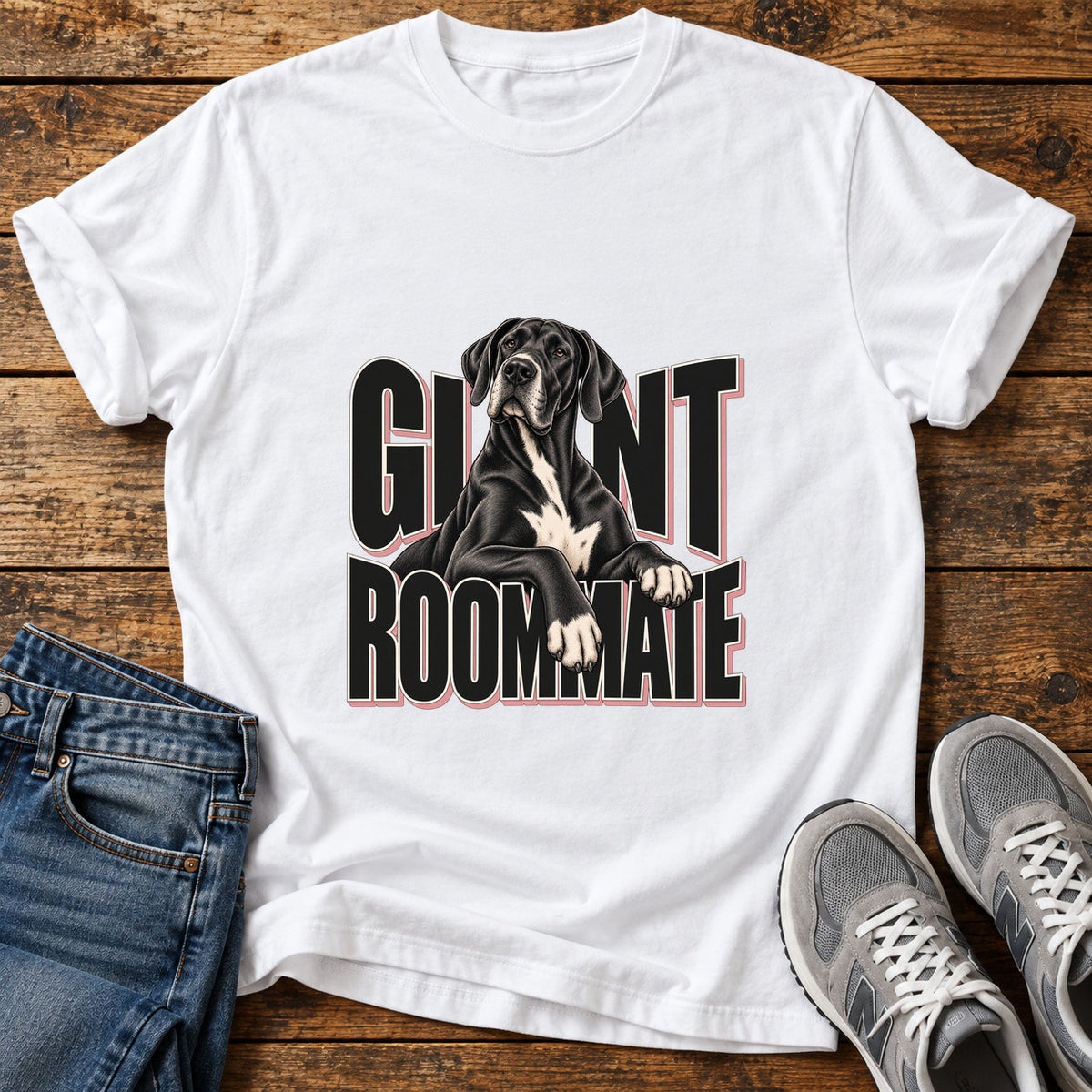 Giant Roommate Great Dane graphic T-shirt in White, shown on a flat-lay shirt mockup