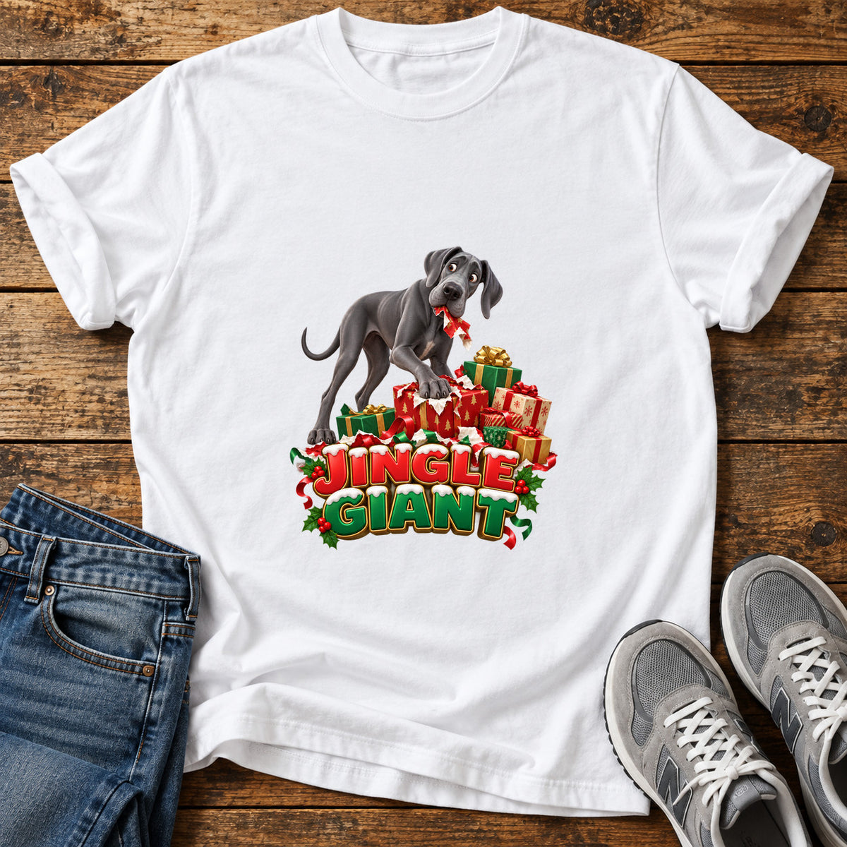 Jingle Giant Great Dane graphic T-shirt in White, shown on a flat-lay shirt mockup