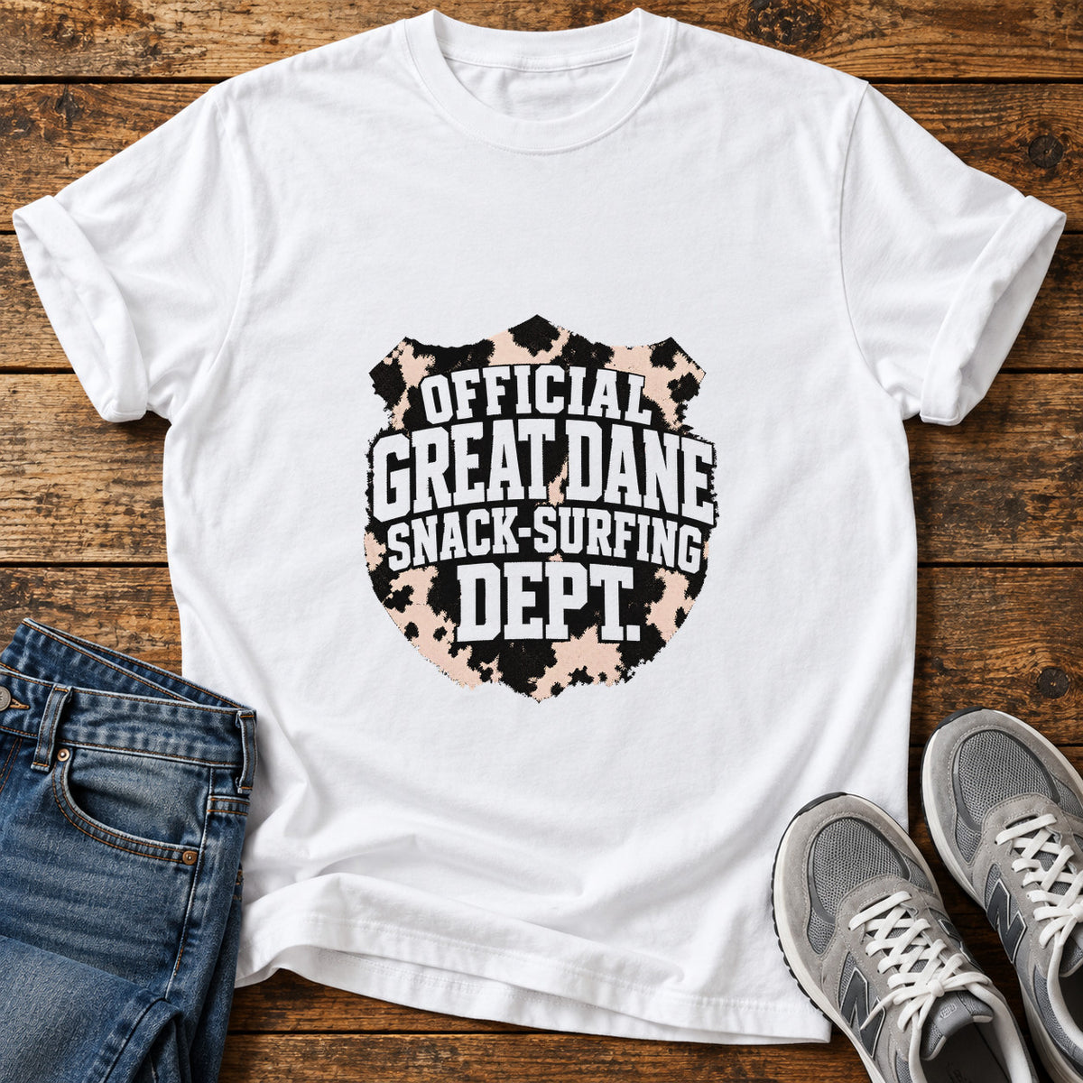 Snack-Surfing Dept Great Dane graphic T-shirt in White, shown on a flat-lay shirt mockup