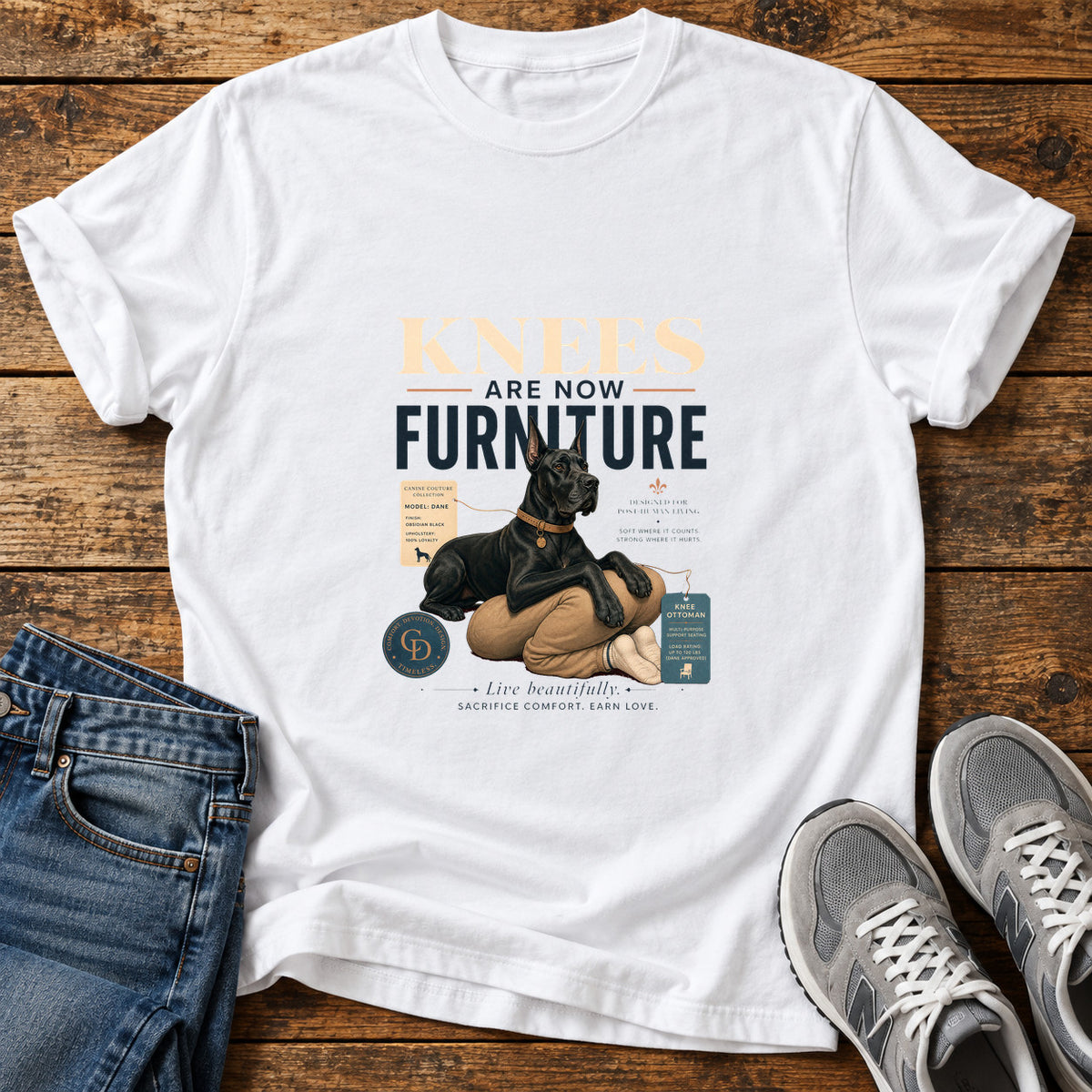 Knees Furniture Great Dane graphic T-shirt in White, shown on a flat-lay shirt mockup