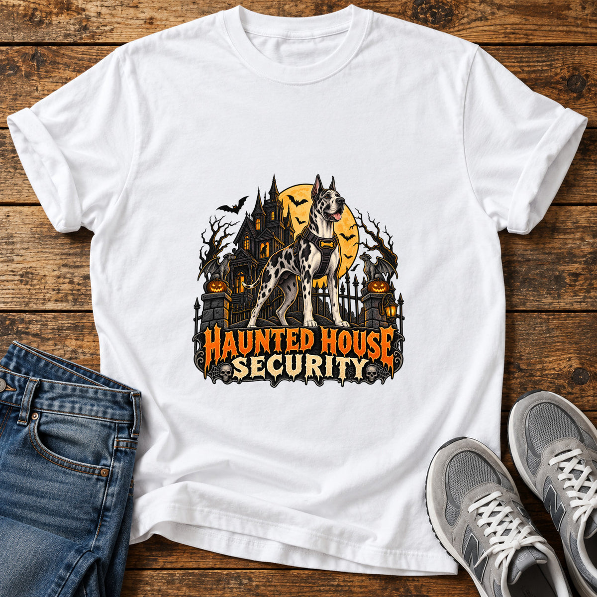 Haunted House Security Great Dane graphic T-shirt in White, shown on a flat-lay shirt mockup