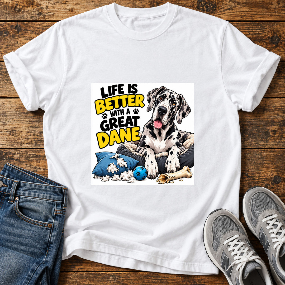 Great Dane Life graphic T-shirt in White, shown on a flat-lay shirt mockup