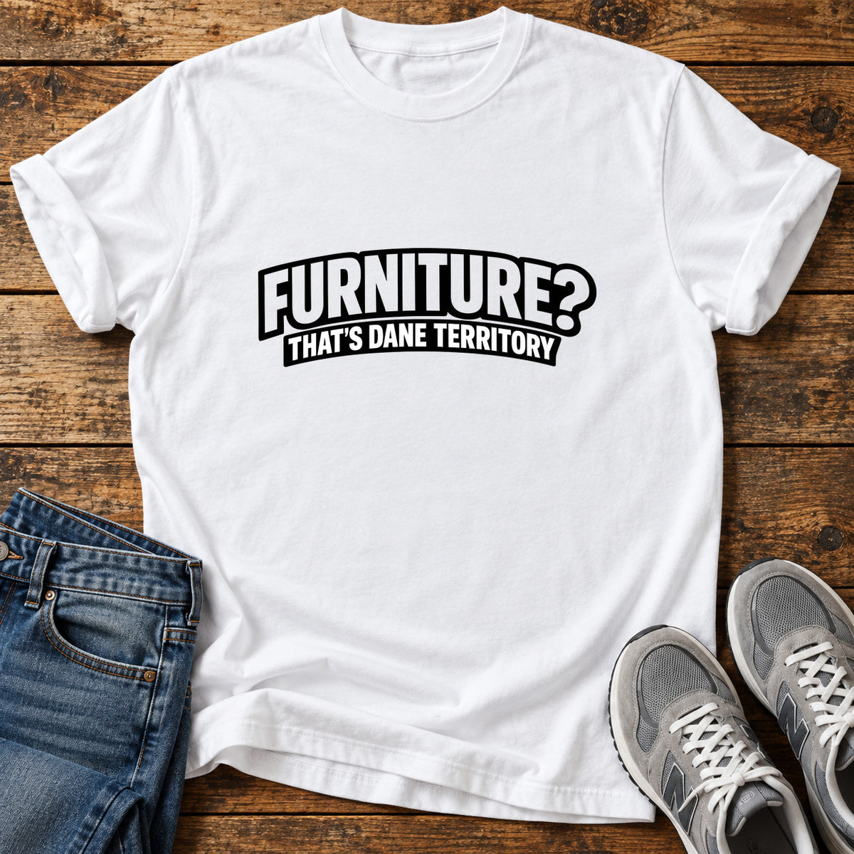 Furniture Dane Territory Great Dane graphic T-shirt in White, shown on a flat-lay shirt mockup