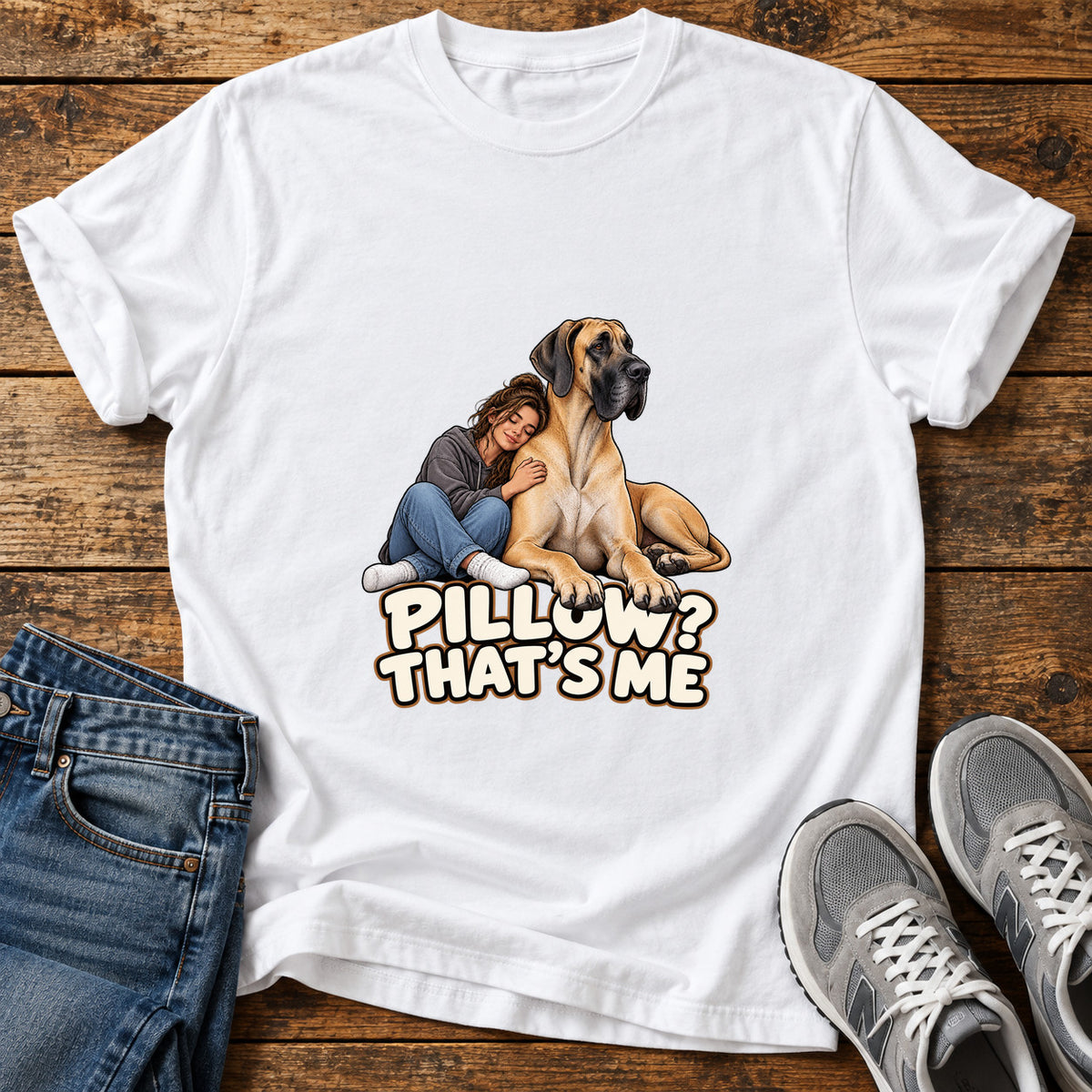 Pillow That's Me Great Dane graphic T-shirt in White, shown on a flat-lay shirt mockup