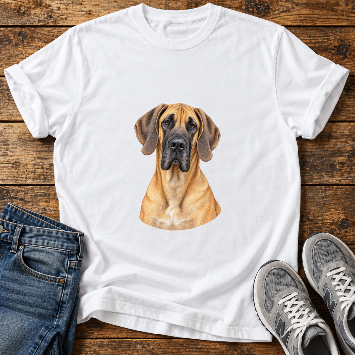 Majestic Dane Great Dane graphic T-shirt in White, shown on a flat-lay shirt mockup