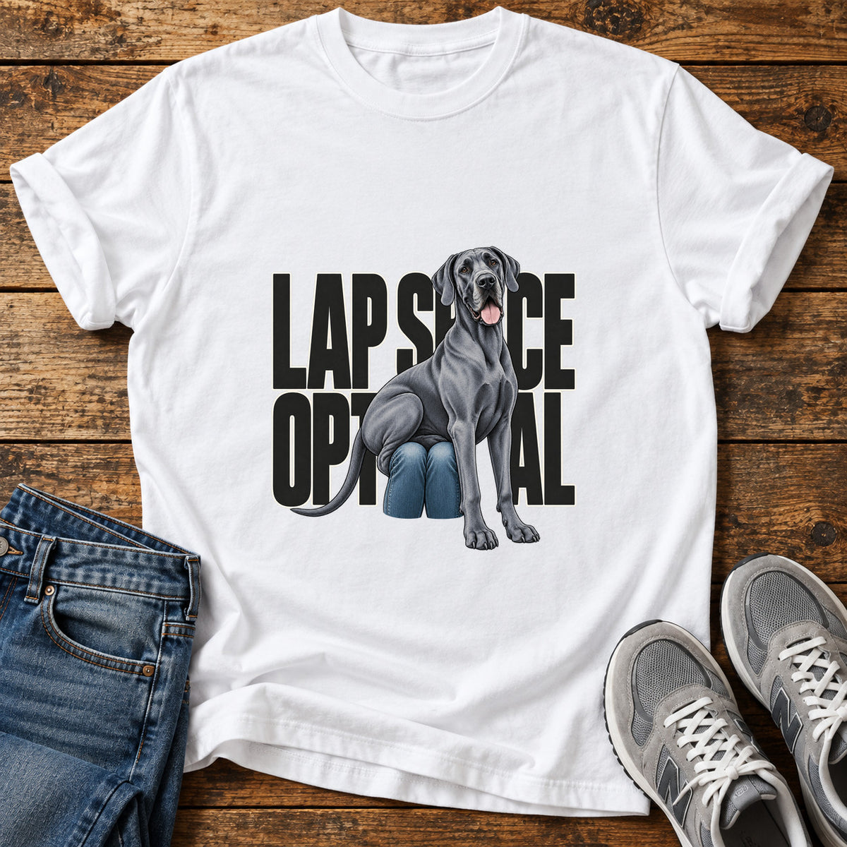 Lap Space Optional Great Dane graphic T-shirt in White, shown on a flat-lay shirt mockup