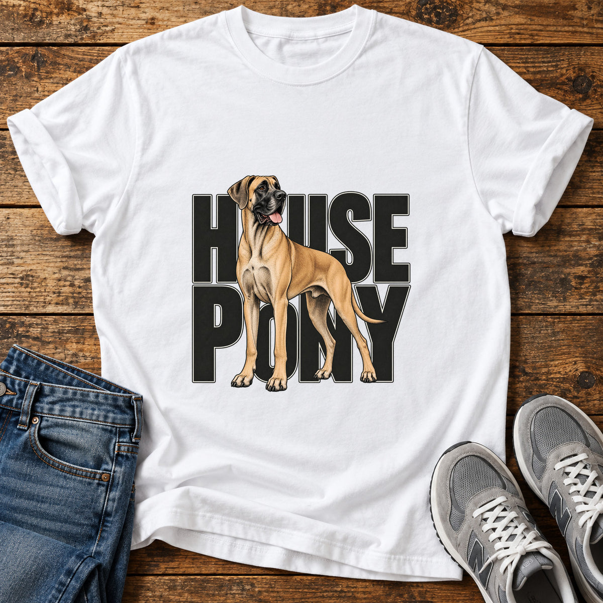 House Pony Great Dane graphic T-shirt in White, shown on a flat-lay shirt mockup