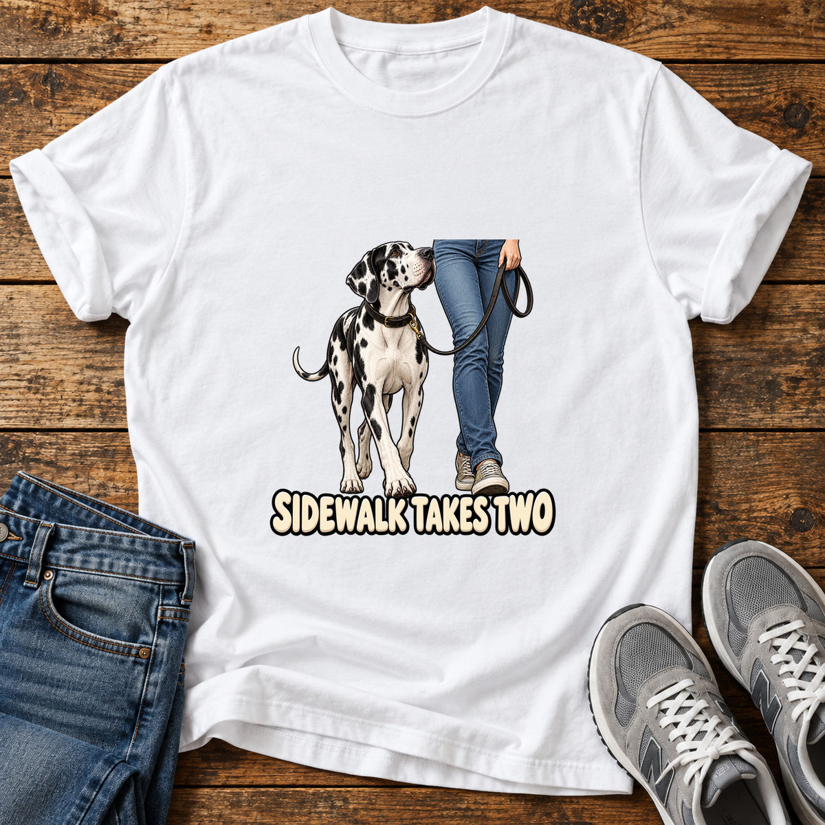 Sidewalk Takes Two Great Dane graphic T-shirt in White, shown on a flat-lay shirt mockup