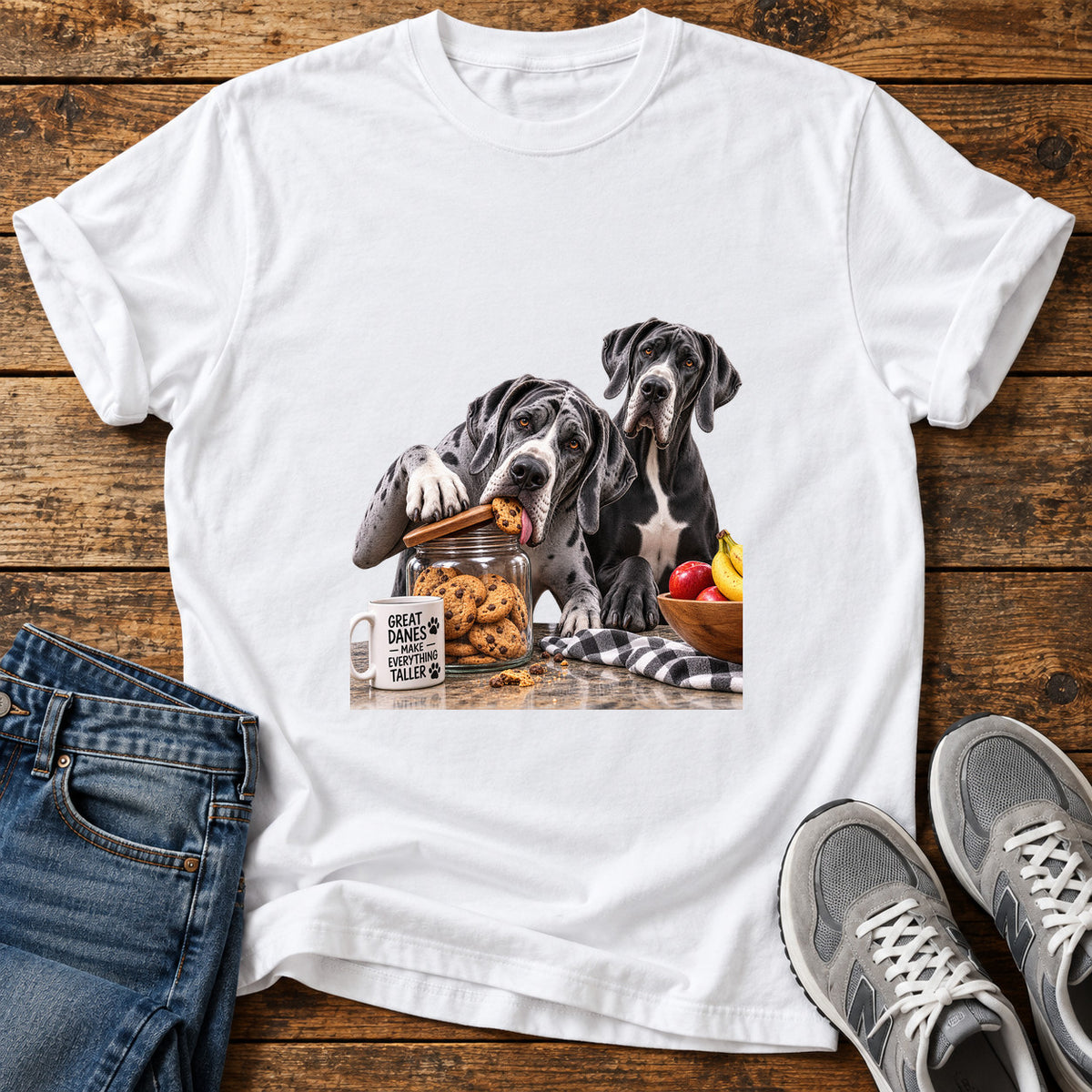 Great Danes Taller graphic T-shirt in White, shown on a flat-lay shirt mockup