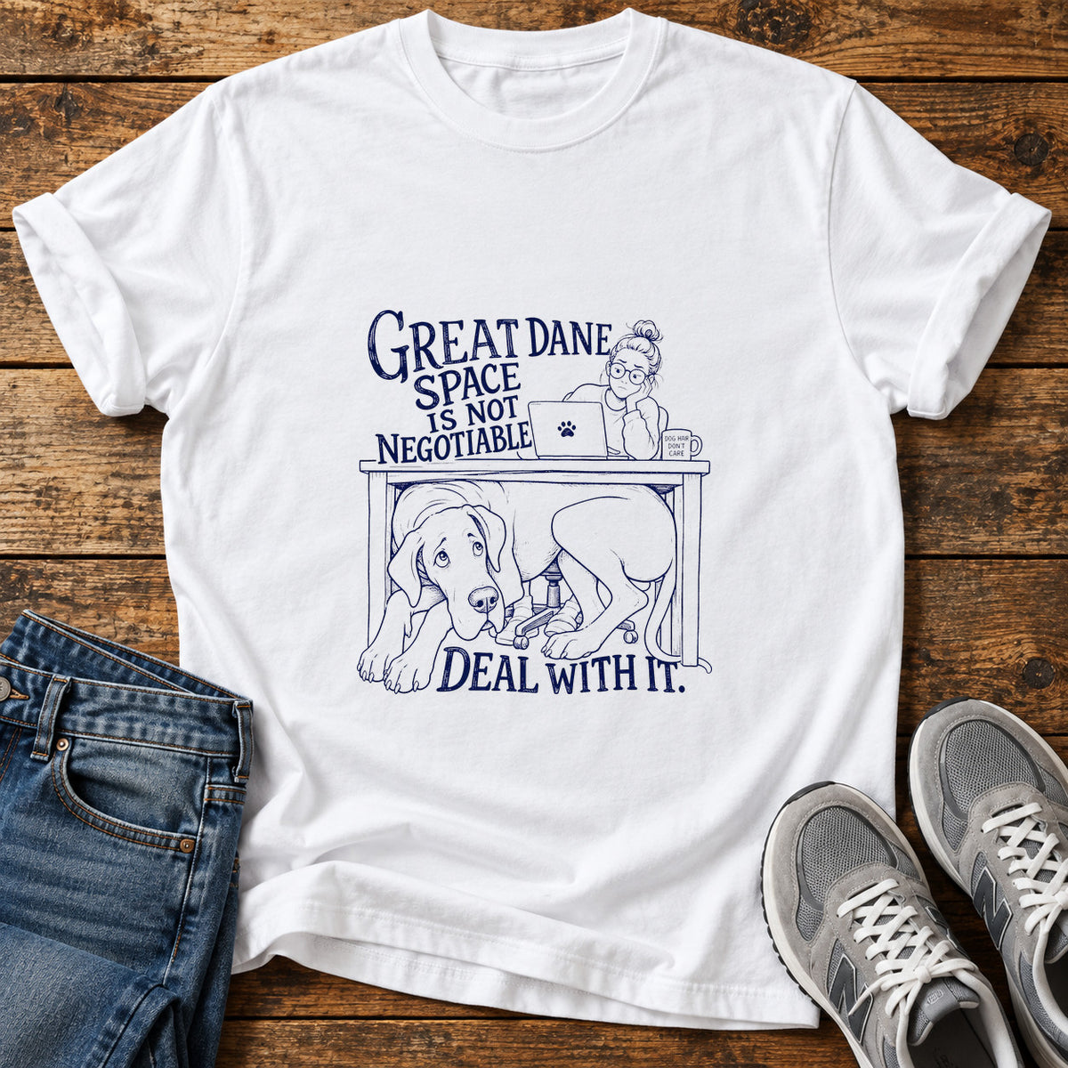 Great Dane Space graphic T-shirt in White, shown on a flat-lay shirt mockup