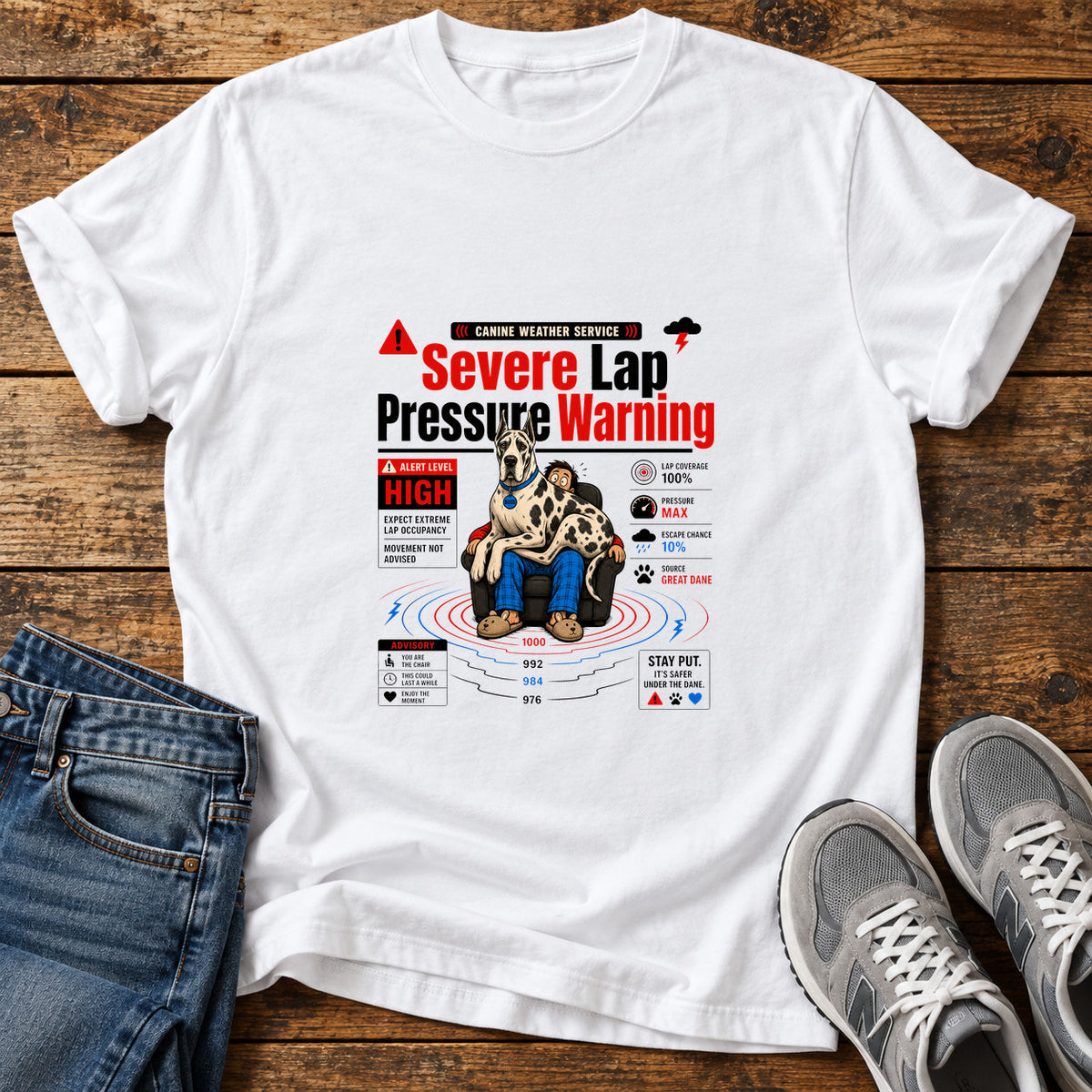 Severe Lap Warning Great Dane graphic T-shirt in White, shown on a flat-lay shirt mockup