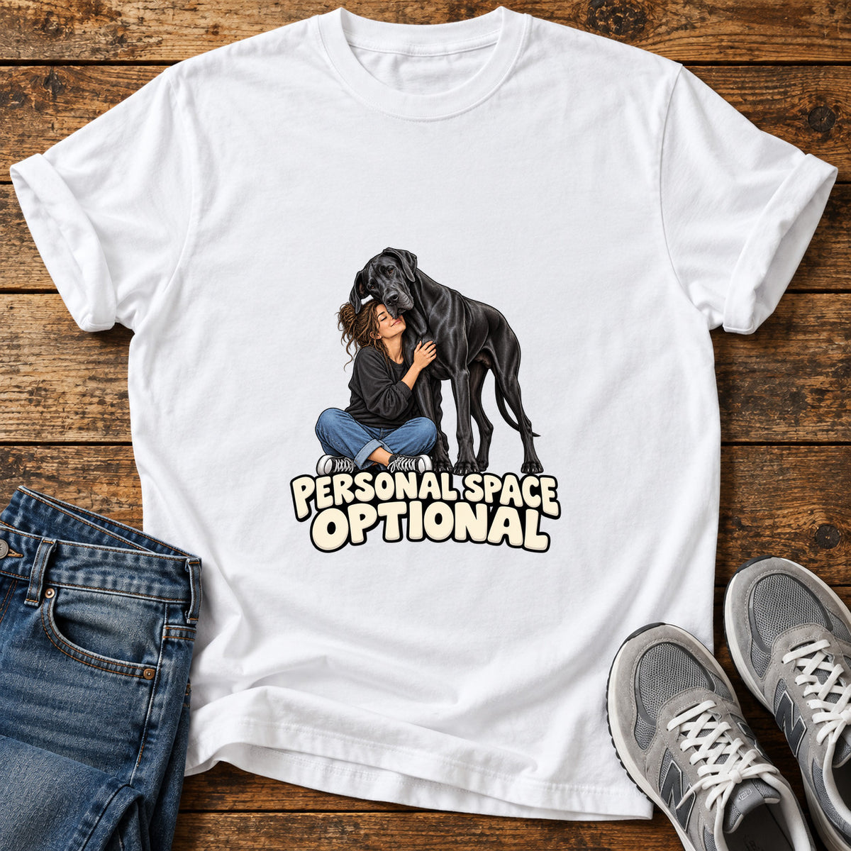 Personal Space Optional Great Dane graphic T-shirt in White, shown on a flat-lay shirt mockup
