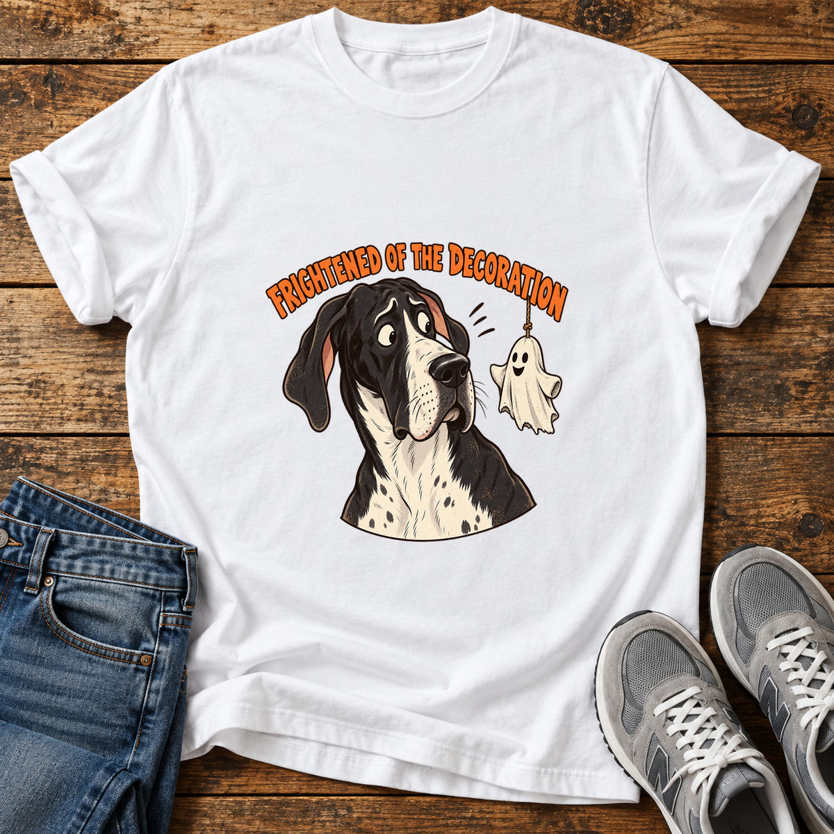 Frightened Decoration Great Dane graphic T-shirt in White, shown on a flat-lay shirt mockup